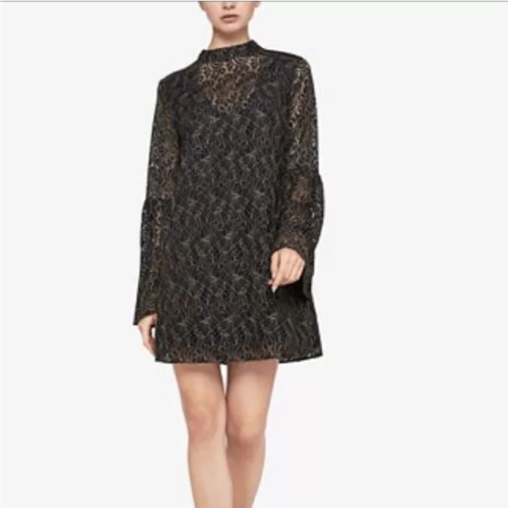 BCBGeneration Black and Gold Lace Bell Sleeve Mini Dress Size XS